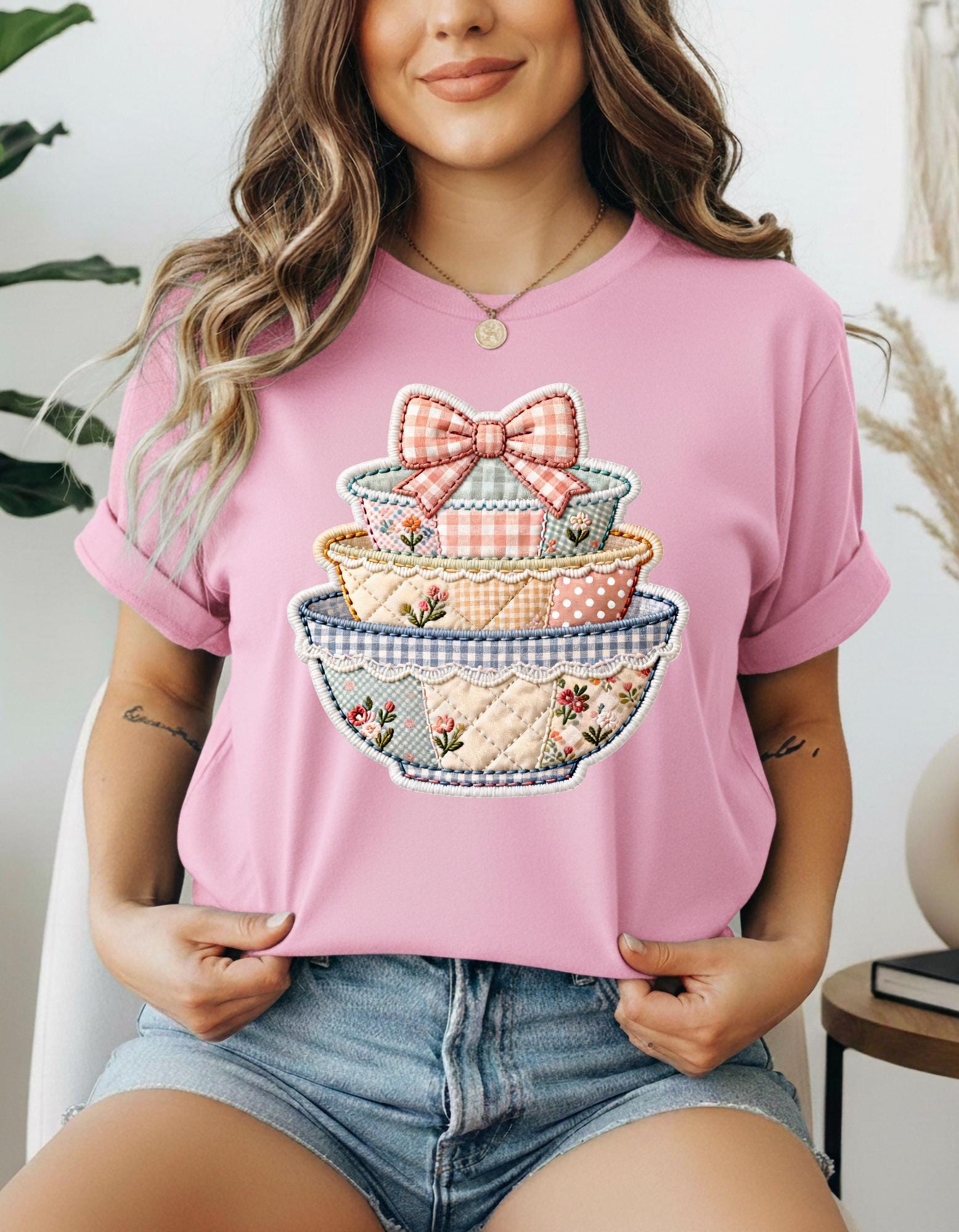 Trendy Stack of Bowls Patchwork Faux Quilted Shirt