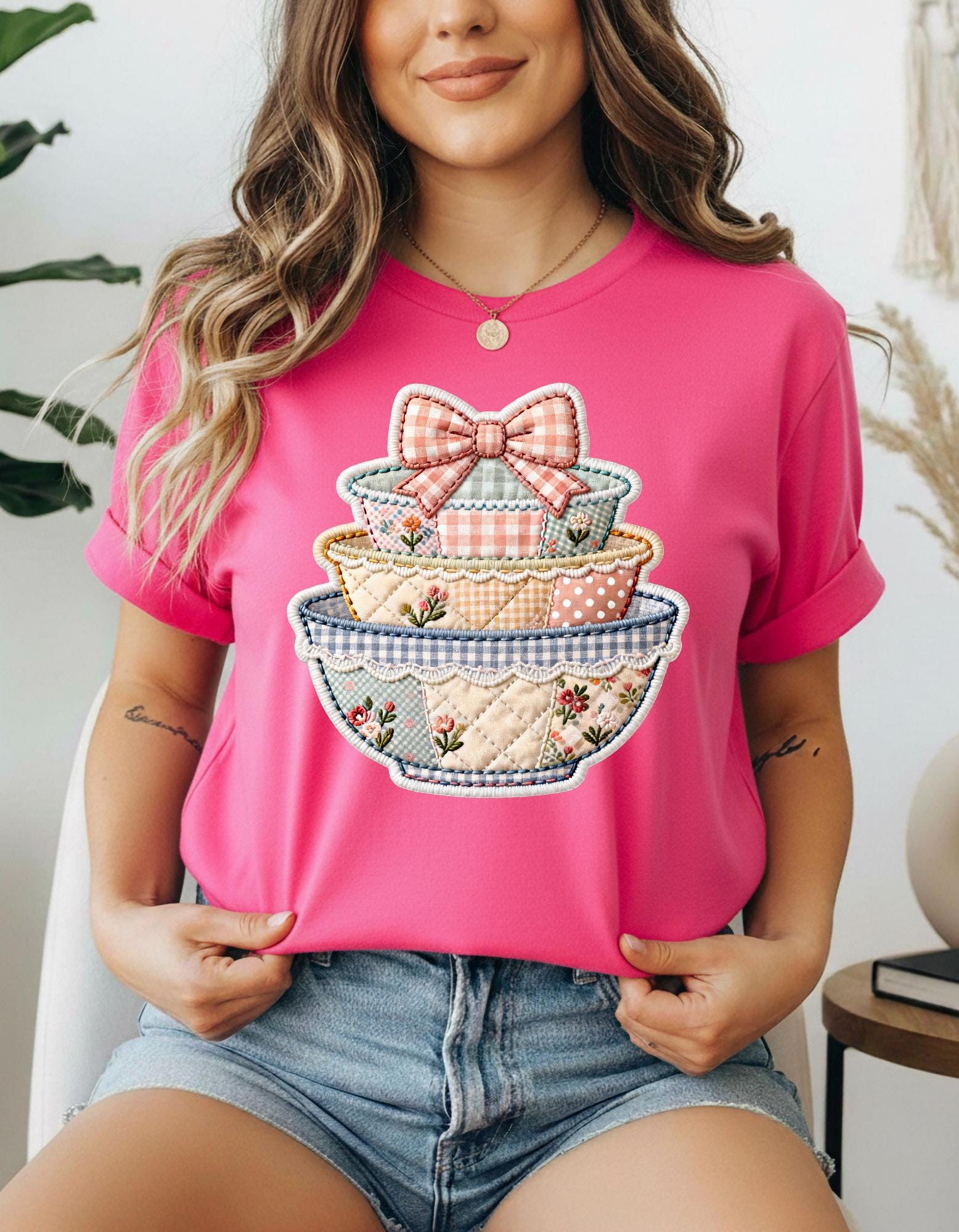 Trendy Stack of Bowls Patchwork Faux Quilted Shirt