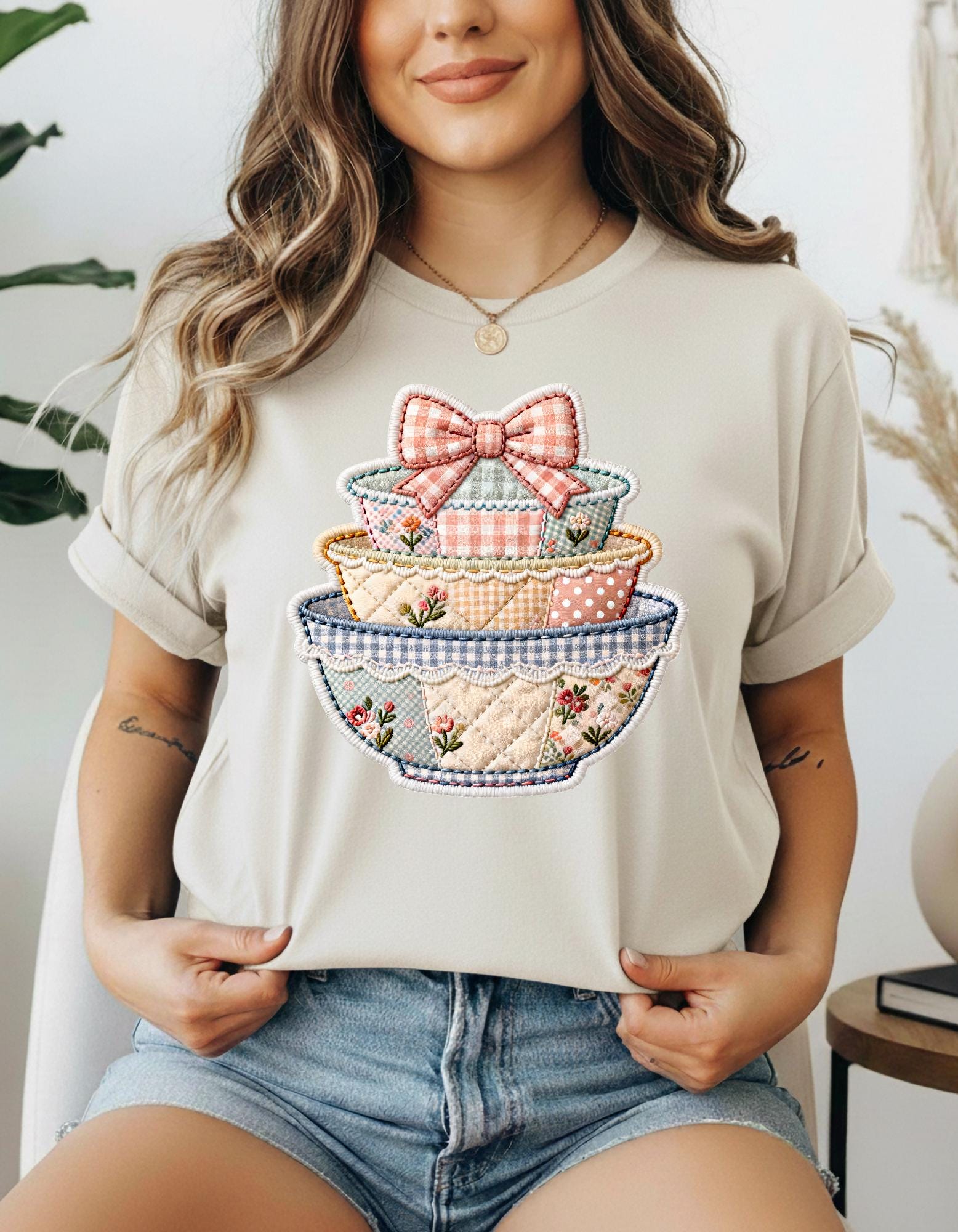 Trendy Stack of Bowls Patchwork Faux Quilted Shirt