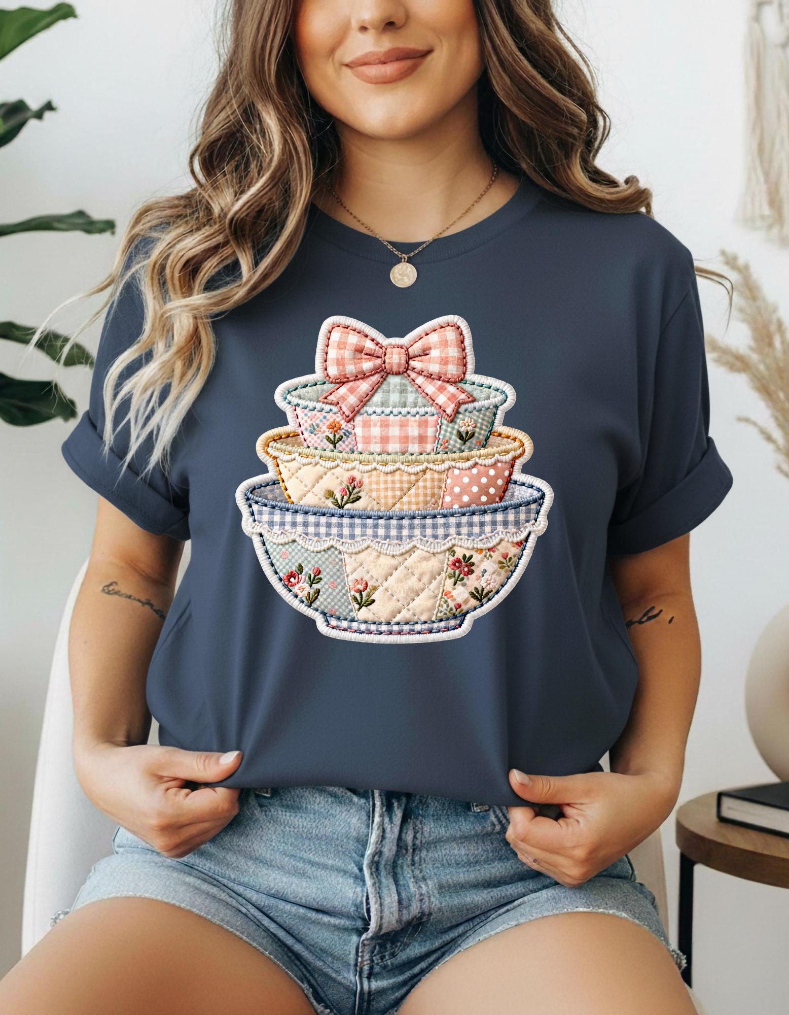 Trendy Stack of Bowls Patchwork Faux Quilted Shirt