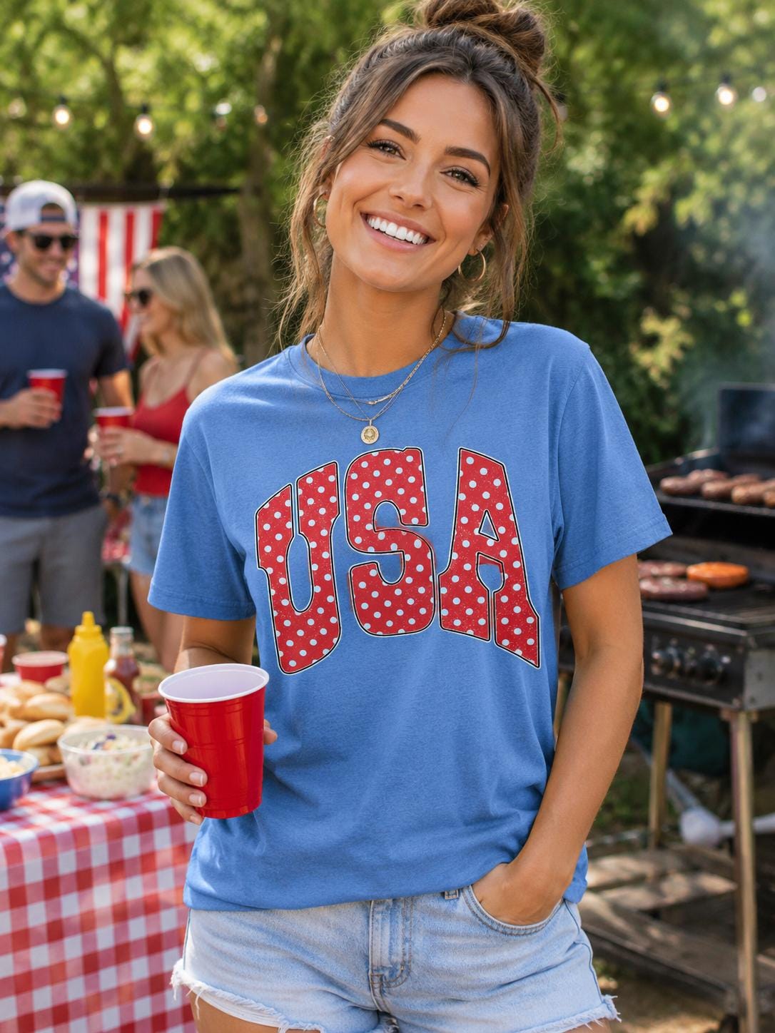 USA Patriotic Shirt, Fourth of July Tee, Retro USA Polka Dot Shirt, America Graphic Tee, Cute July 4th Shirt, BBQ Party Shirt, Fireworks Tee
