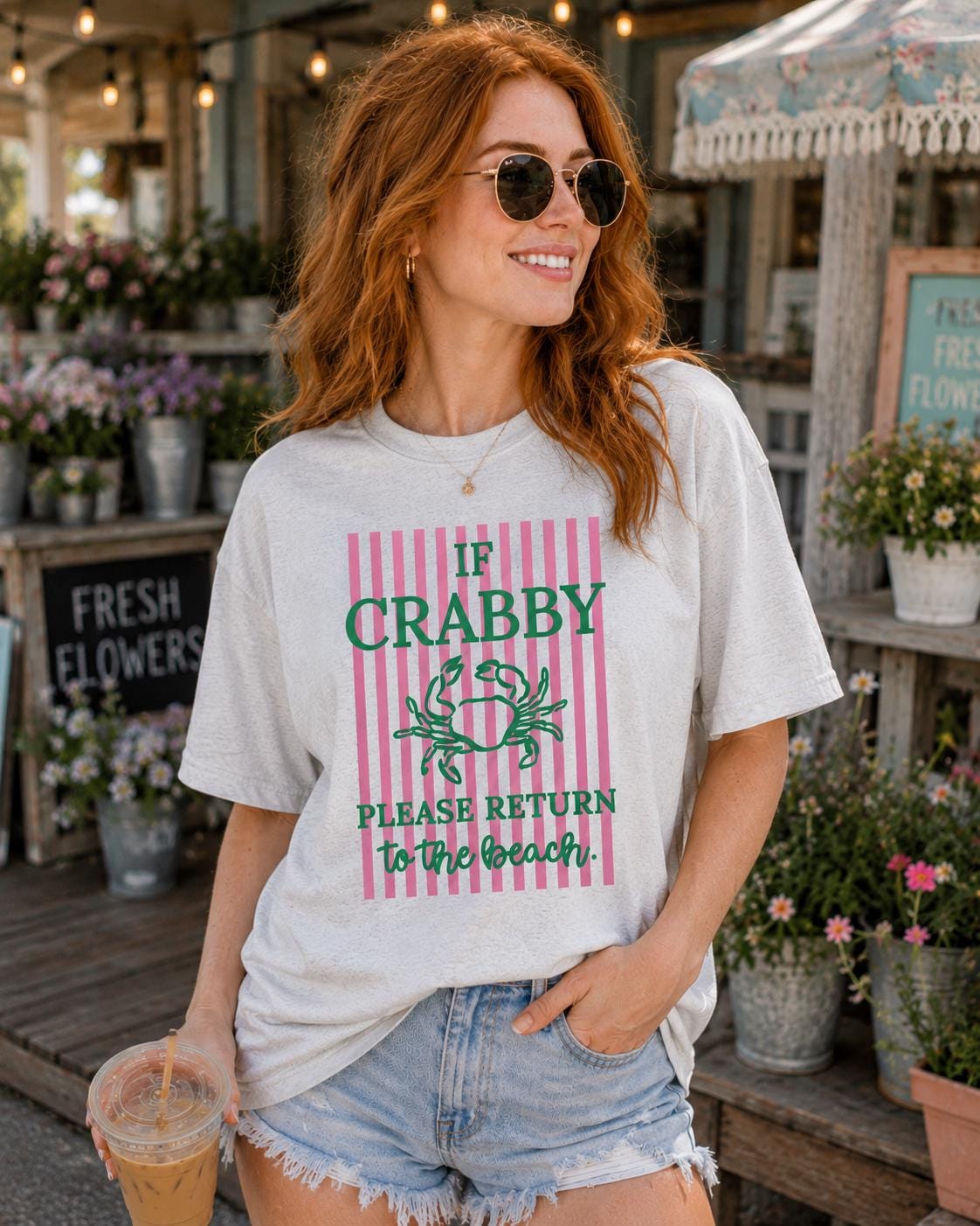 If Crabby Please Return to the Beach Tee Funny Beach Shirt, Coastal Graphic Tee, Pink & Green Summer Shirt, Vacation Tee, Beach Lover Gift