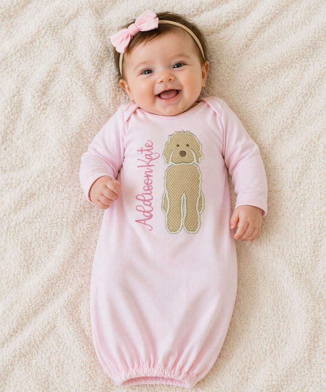 Personalized Baby Gown with Dog Applique | Custom Name Newborn Outfit