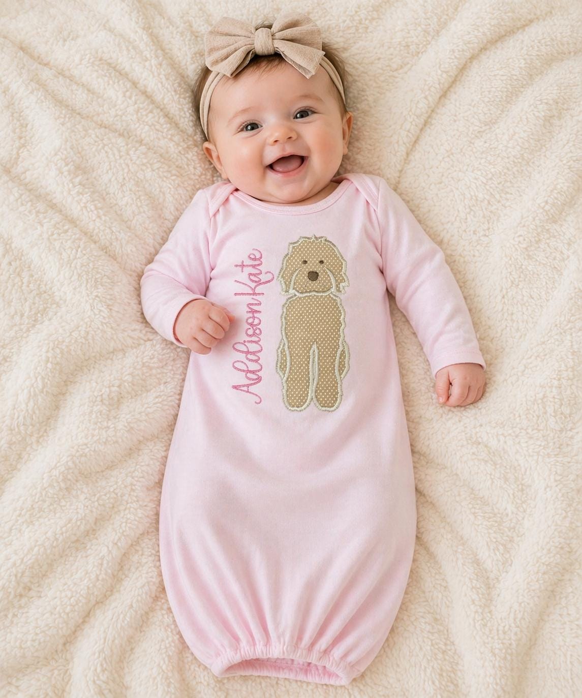 Personalized Baby Gown with Dog Applique | Custom Name Newborn Outfit