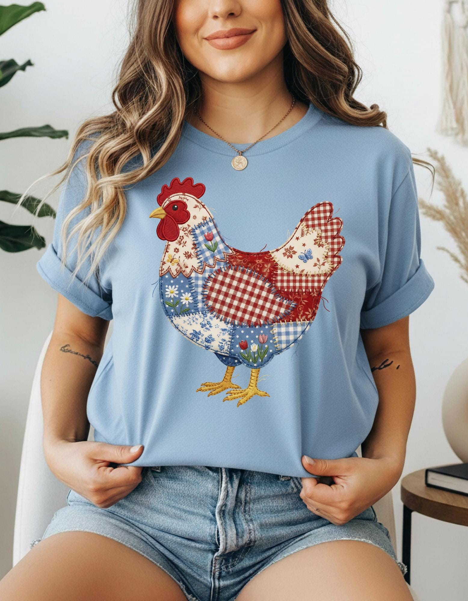 Trendy Chicken Patchwork Faux Quilted Shirt