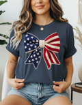 Trendy Faux Yarn Patriotic USA Flag Bow, July 4th Independence Day t-shirt
