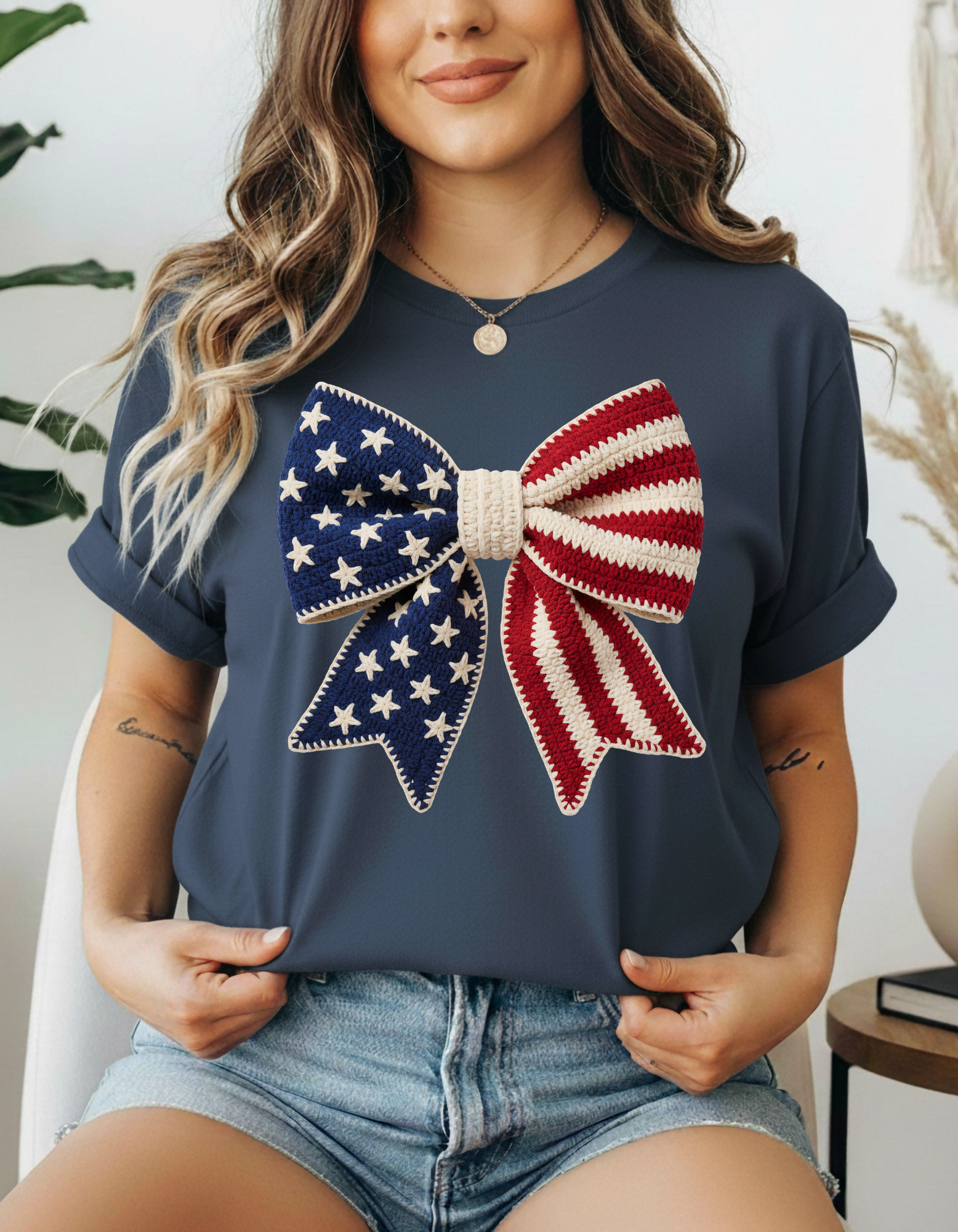 Trendy Faux Yarn Patriotic USA Flag Bow, July 4th Independence Day t-shirt