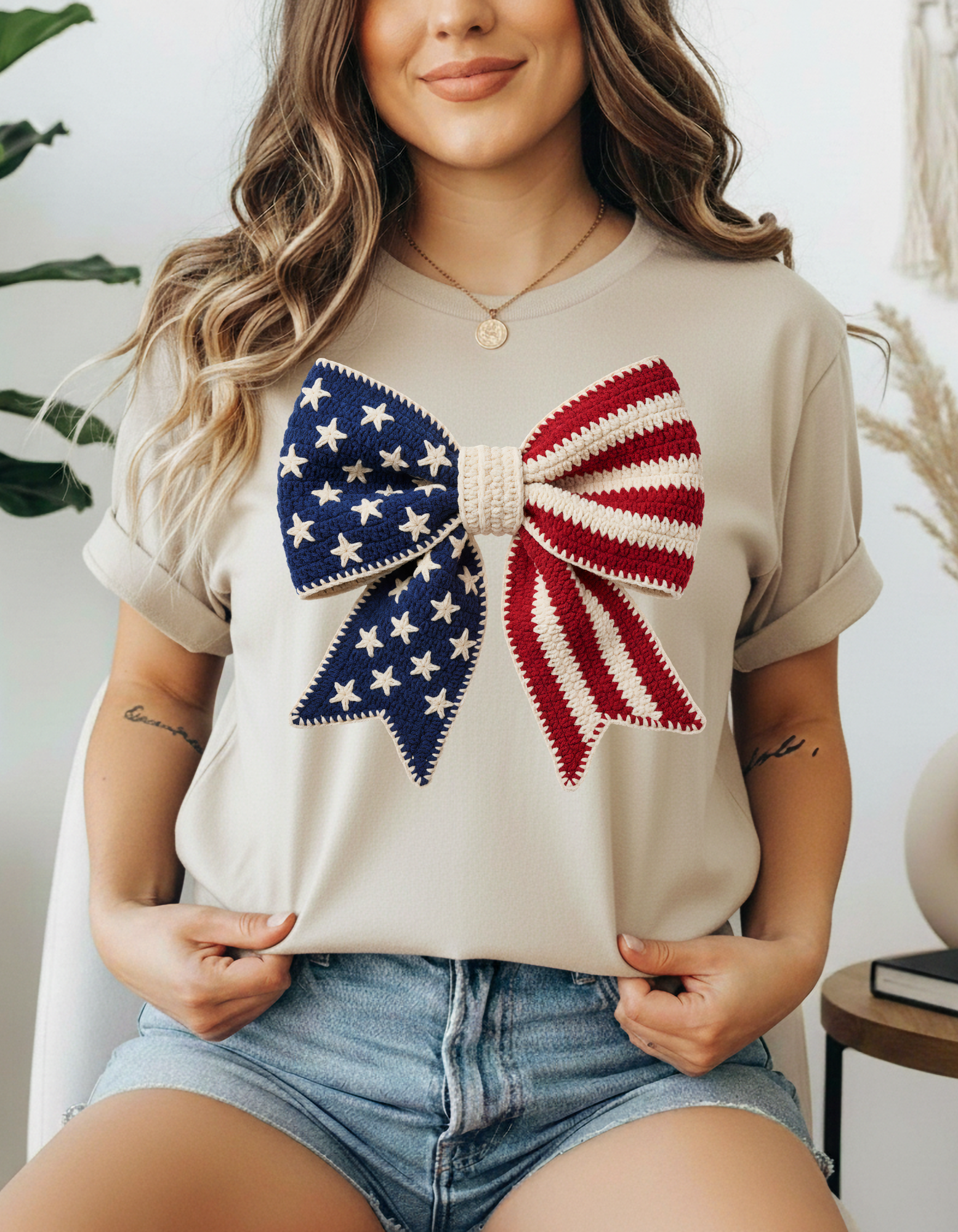 Trendy Faux Yarn Patriotic USA Flag Bow, July 4th Independence Day t-shirt