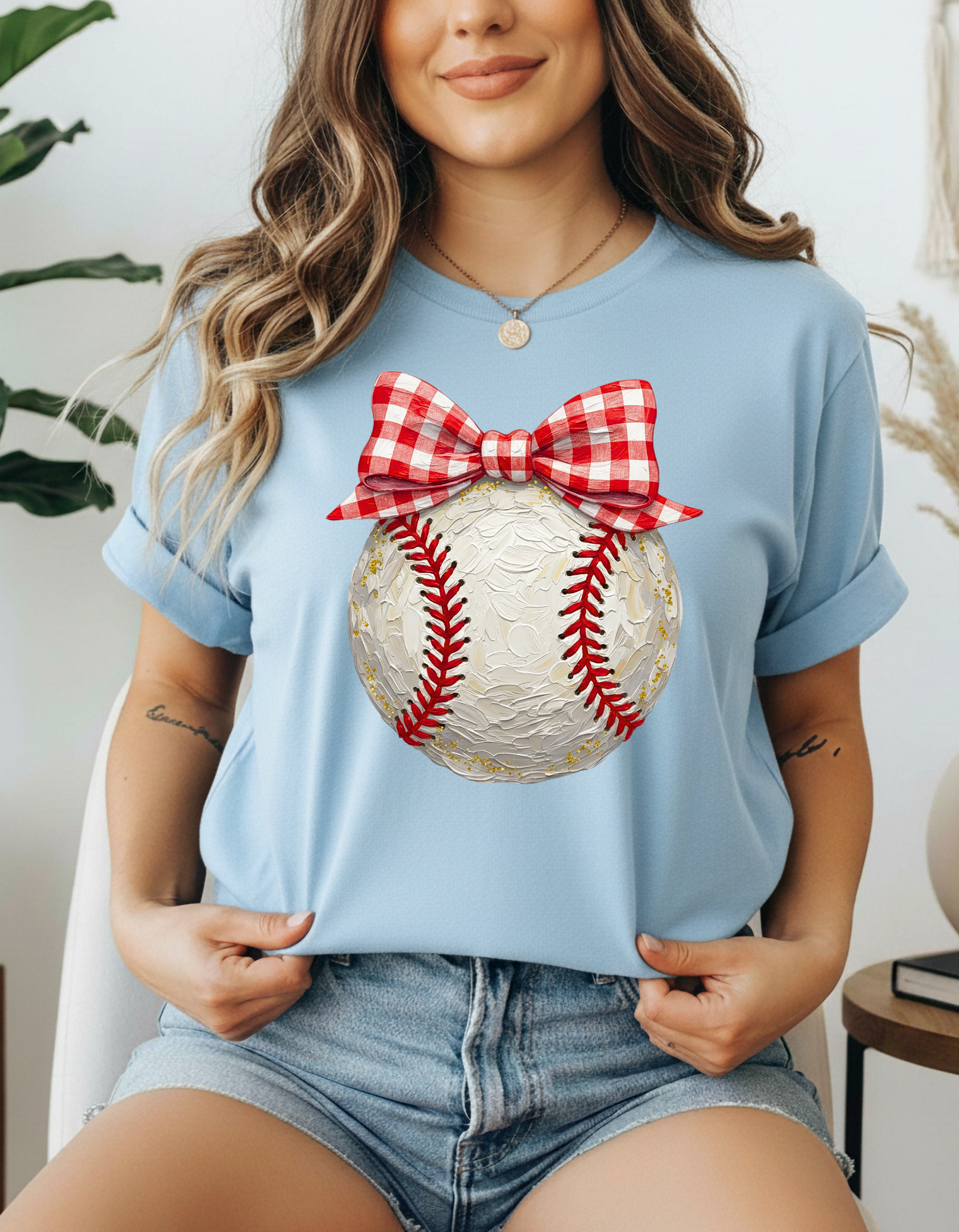Faux Hand Painted Baseball with Gingham Plaid Bow t-shirt