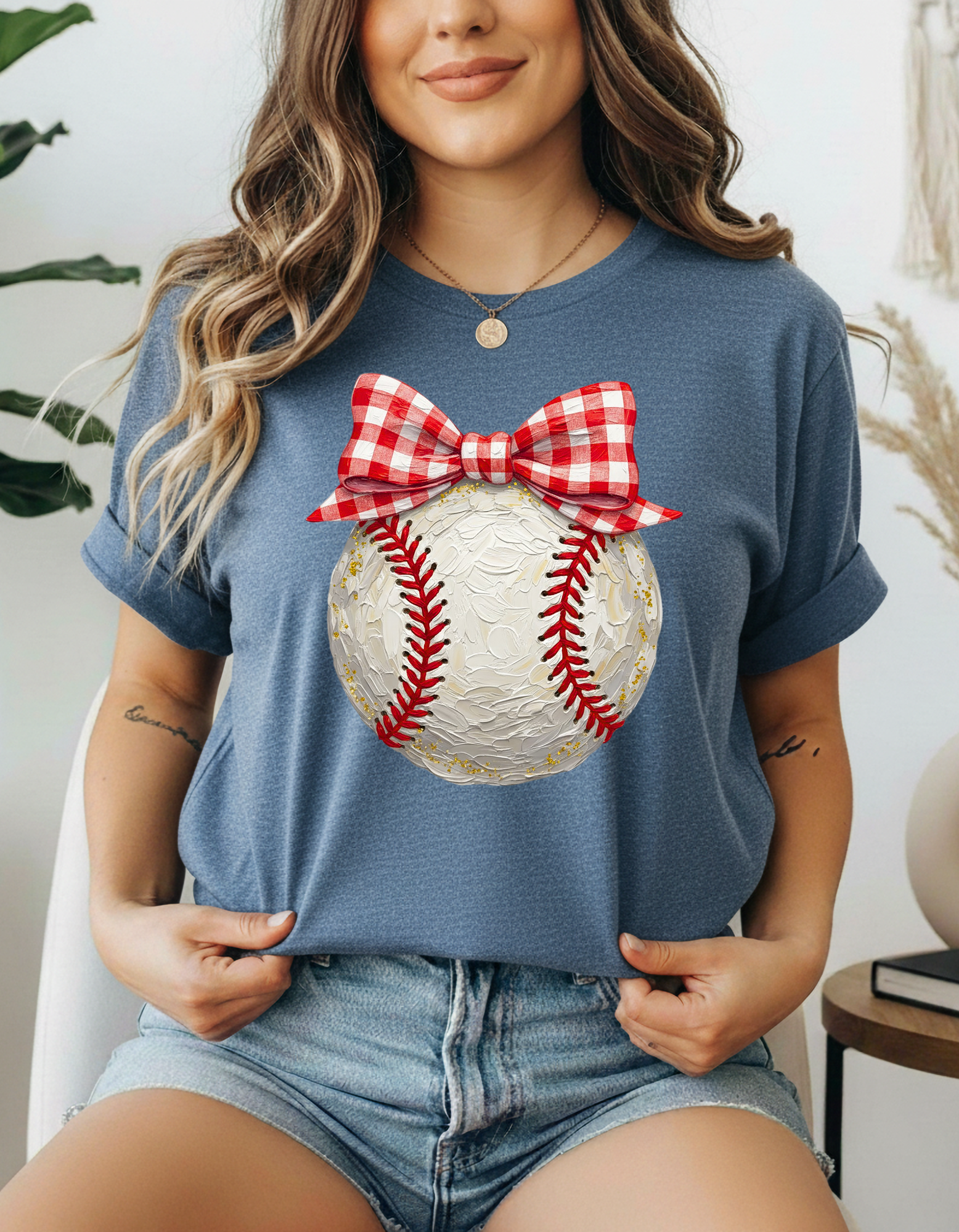 Faux Hand Painted Baseball with Gingham Plaid Bow t-shirt