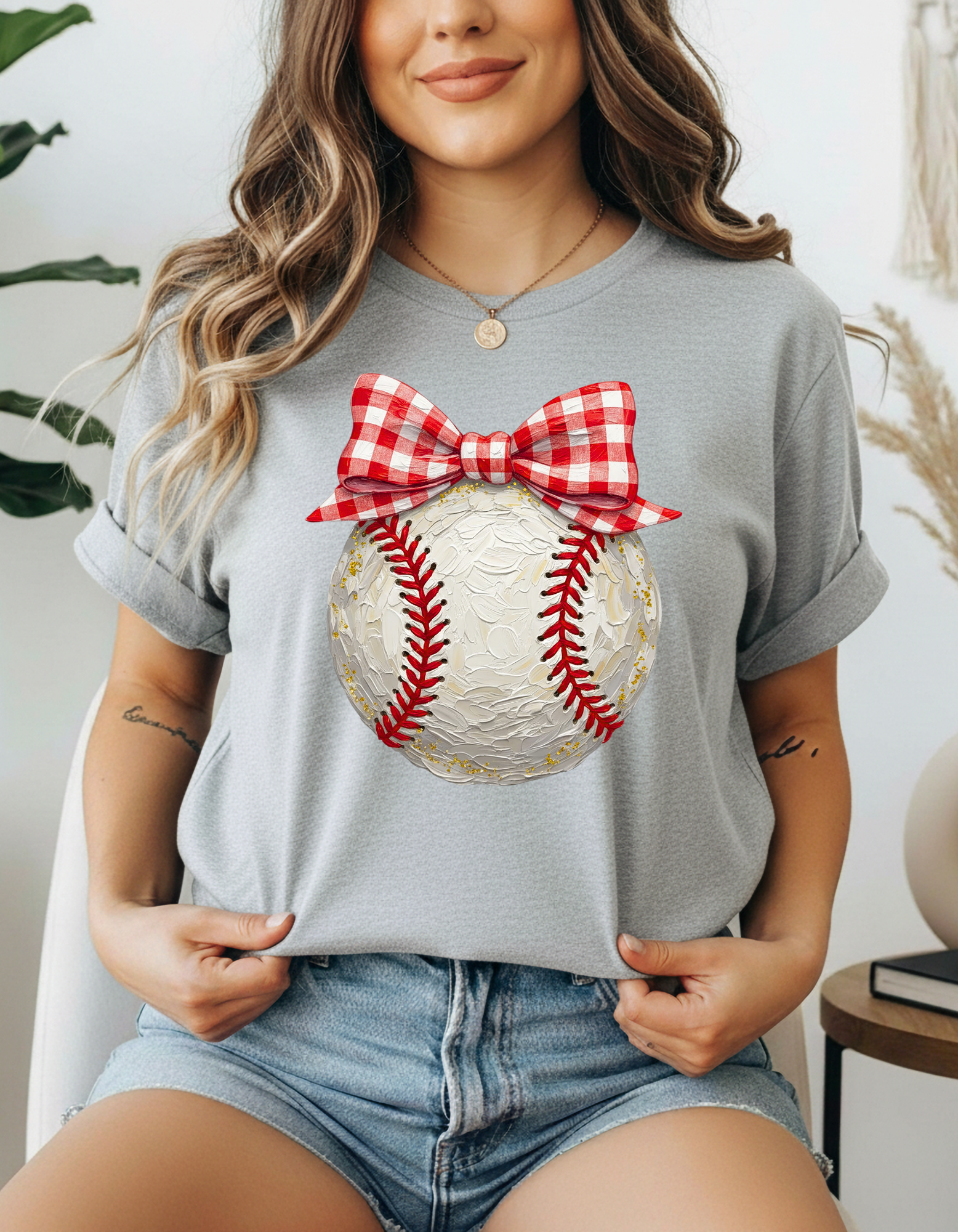 Faux Hand Painted Baseball with Gingham Plaid Bow t-shirt
