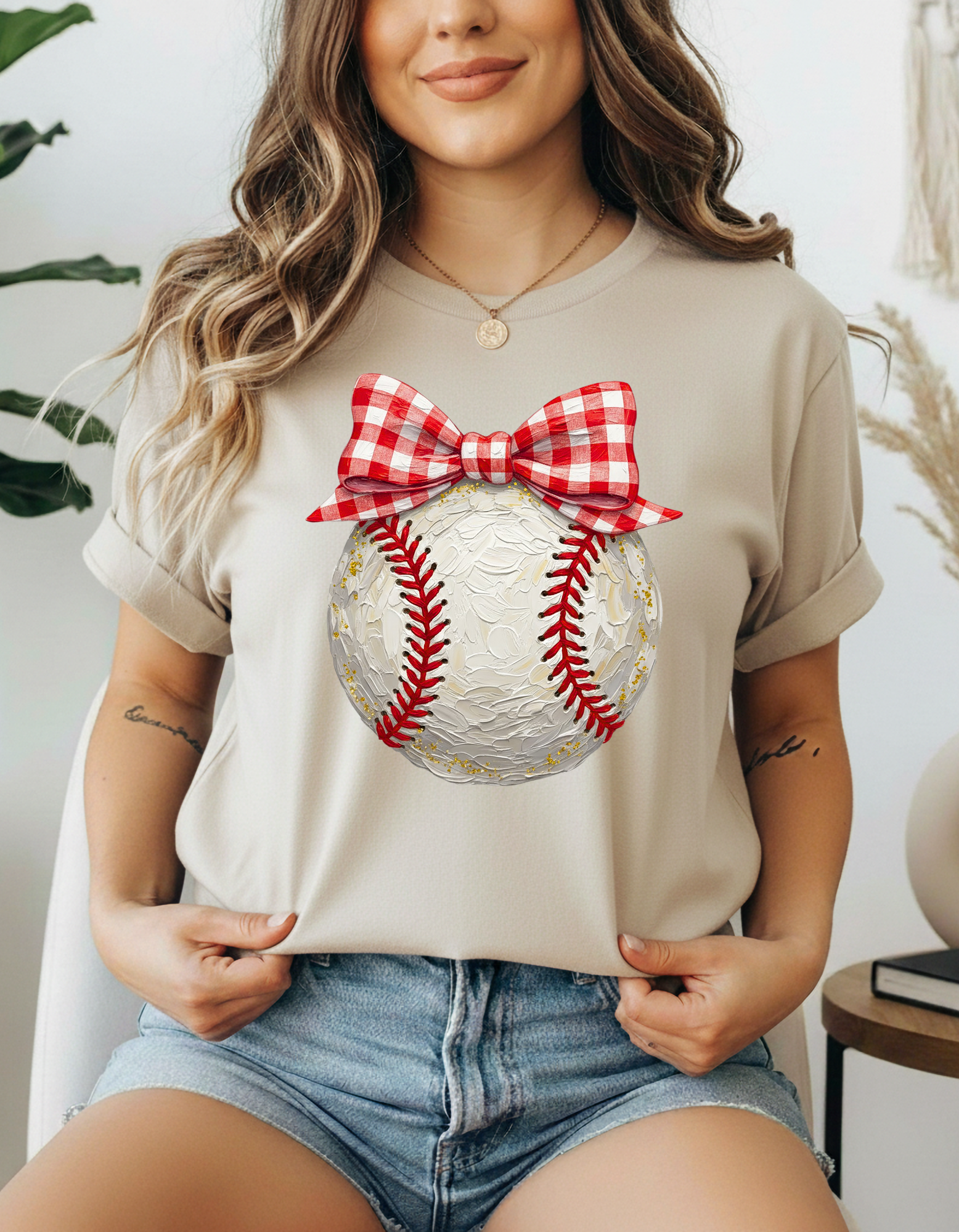 Faux Hand Painted Baseball with Gingham Plaid Bow t-shirt