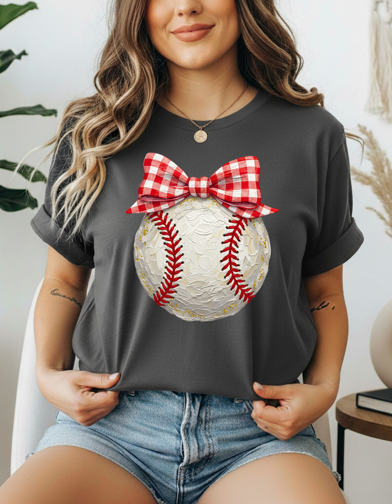 Faux Hand Painted Baseball with Gingham Plaid Bow t-shirt