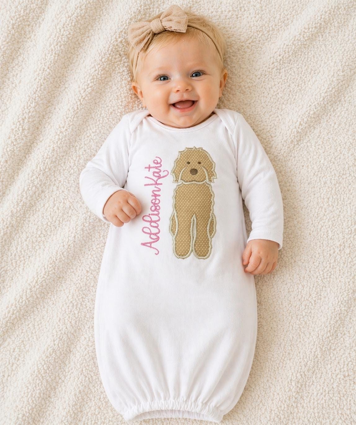 Personalized Baby Gown with Dog Applique | Custom Name Newborn Outfit