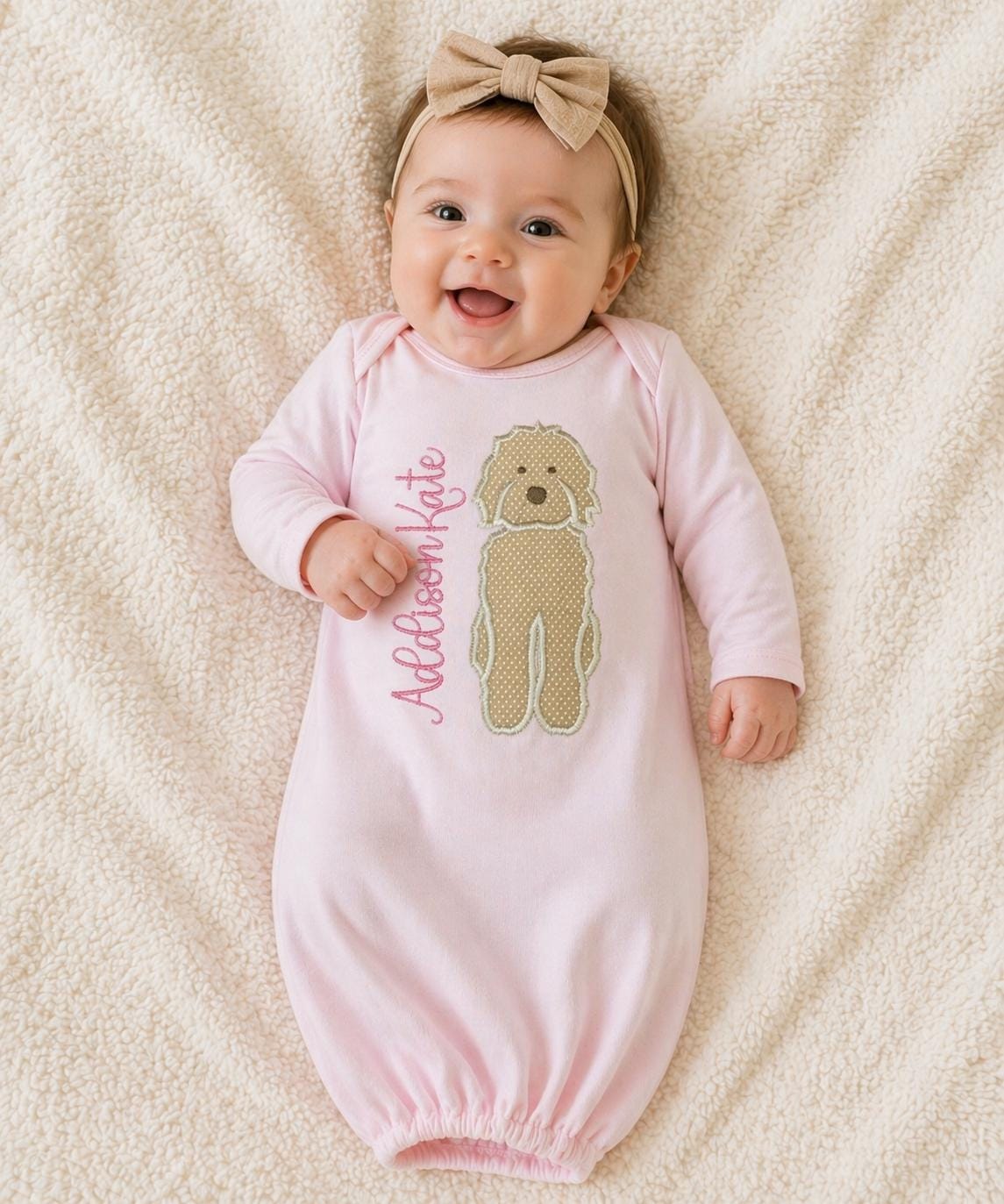 Personalized Baby Gown with Dog Applique | Custom Name Newborn Outfit