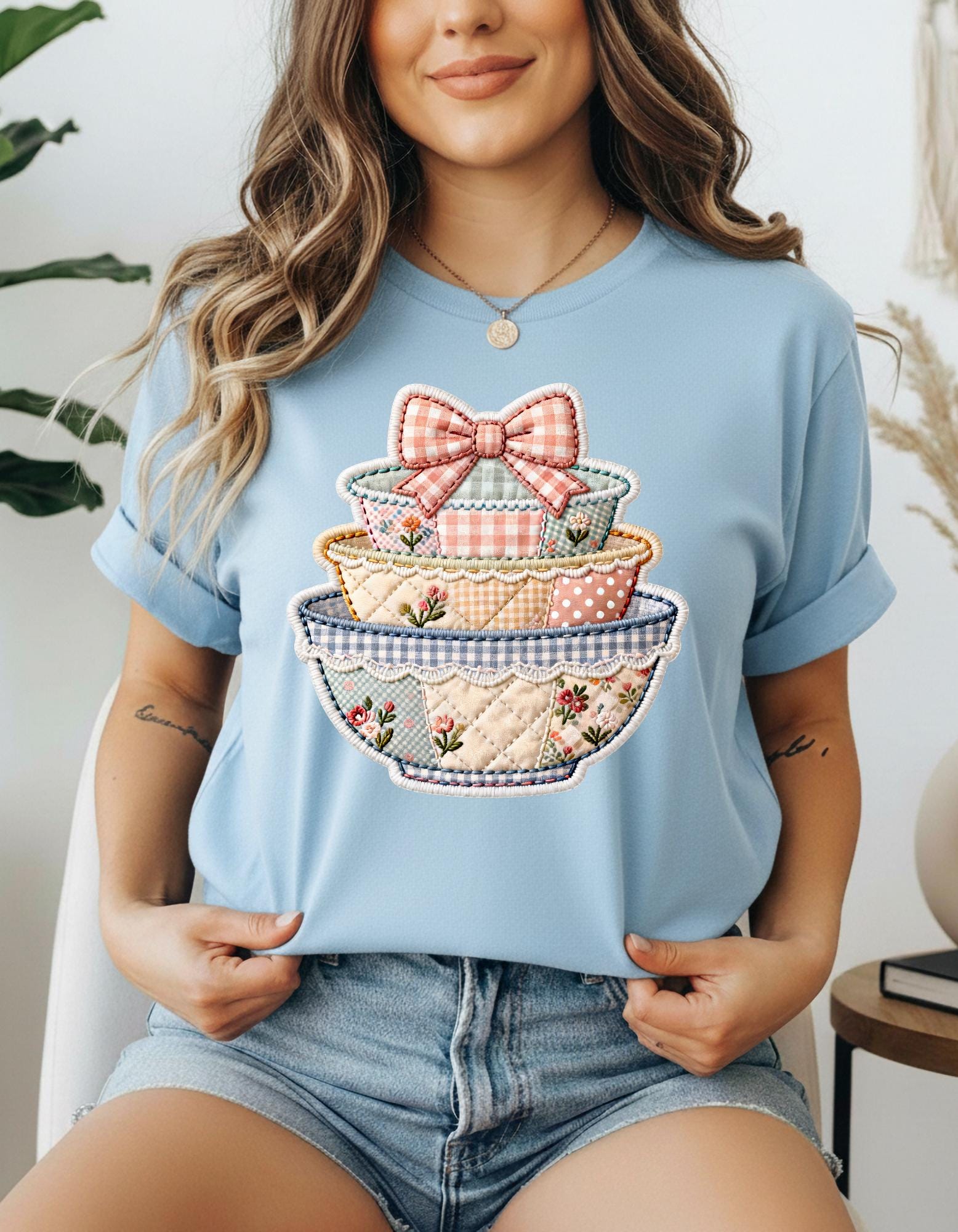 Trendy Stack of Bowls Patchwork Faux Quilted Shirt